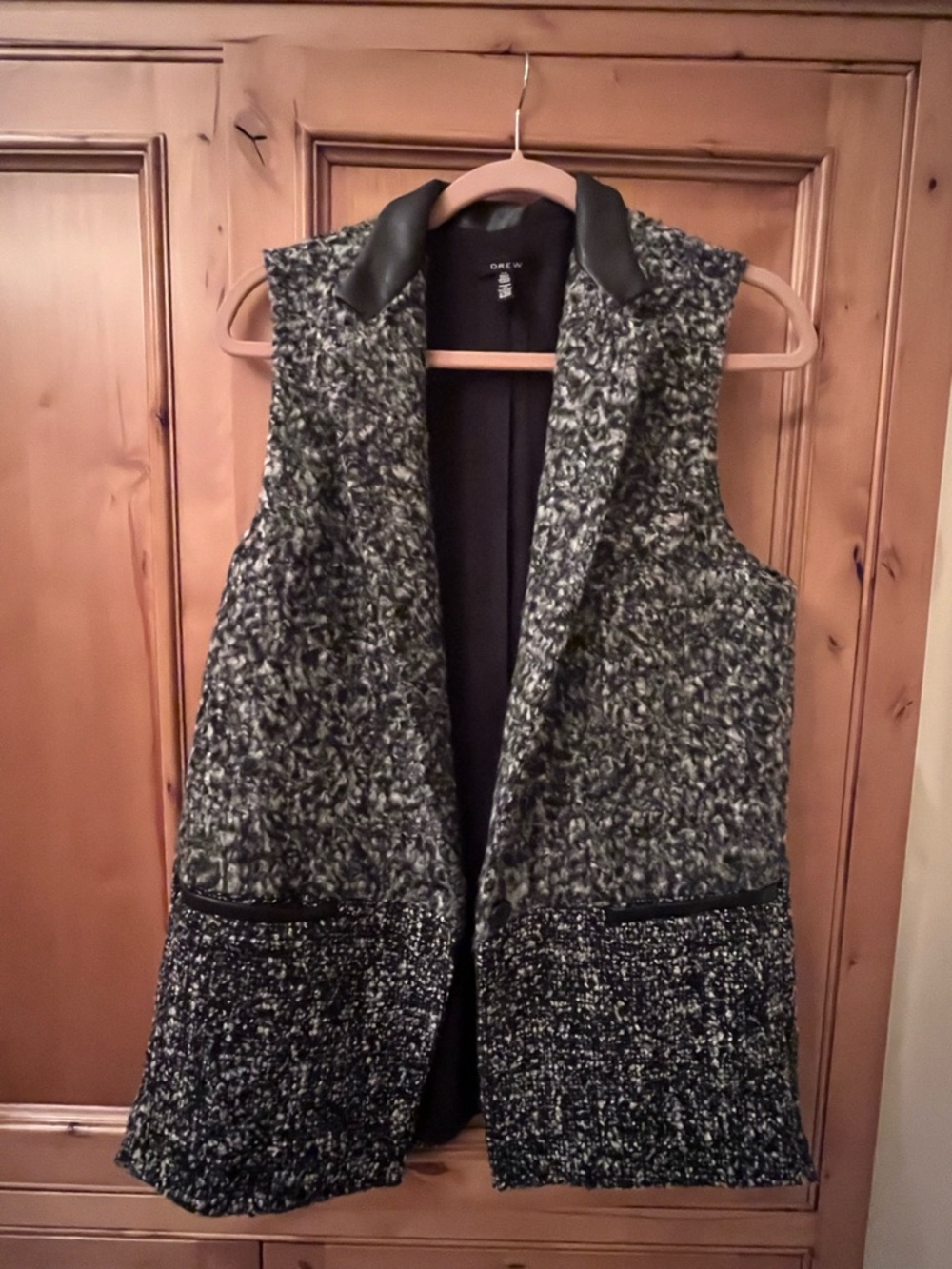 DREW Black & Gray Textured Bouclé Vest  Coatigan with Faux Leather Collar